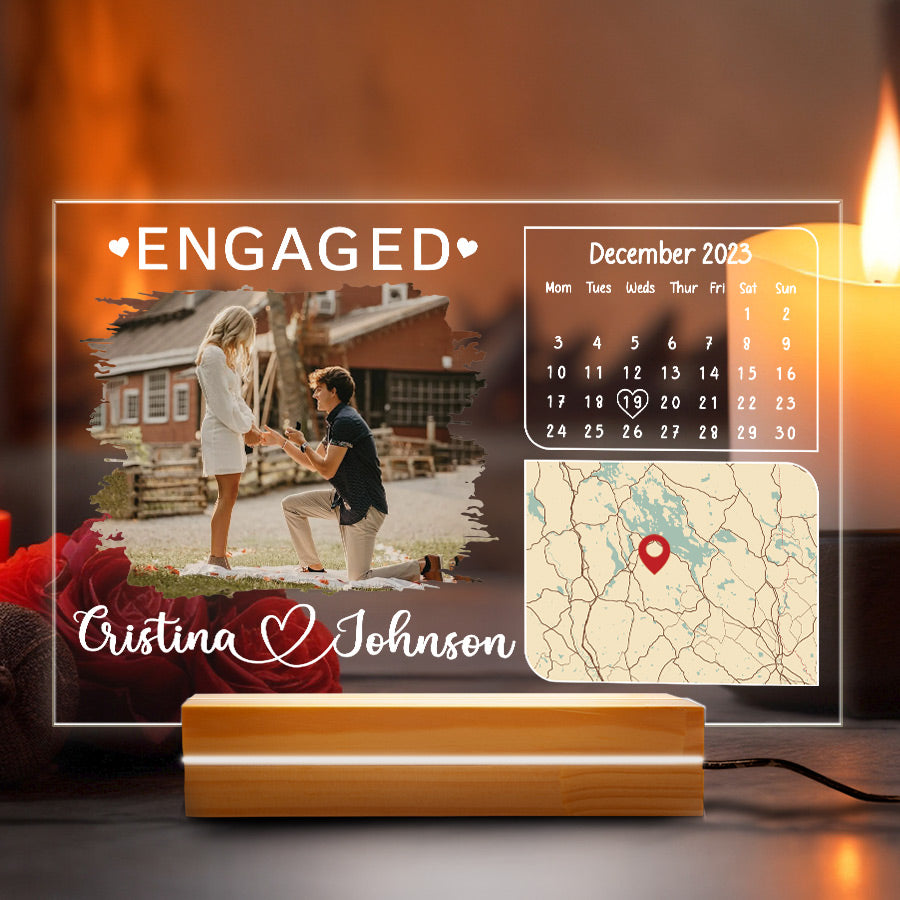 Engaged Date Custom Couple Photo - Personalized 3D LED Light Wooden Base - Gift For Couple
