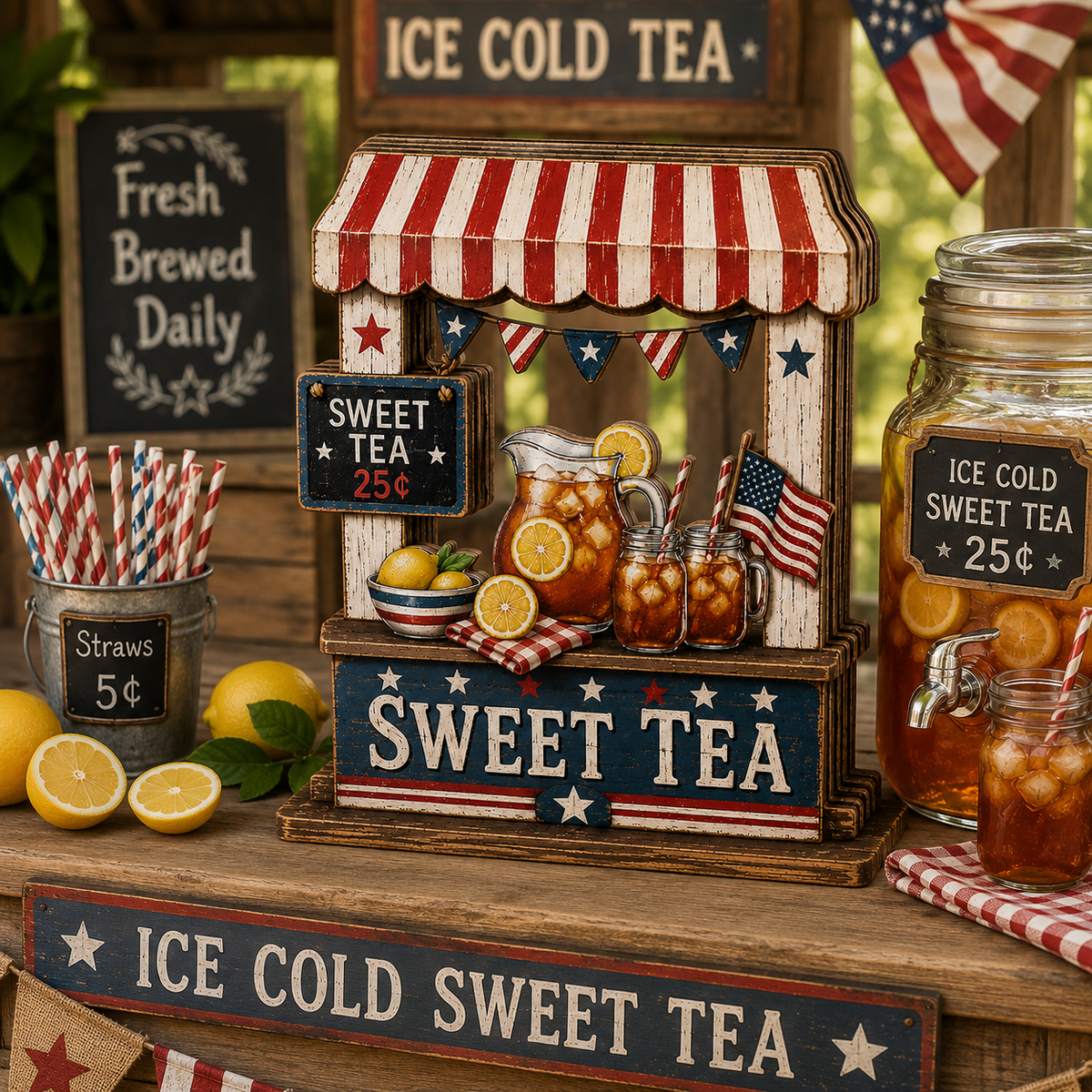 3D Wooden Sweet Tea Stand Sign, Southern Hostess Gift, Summer BBQ Decor, Patriotic Beverage Station Art, Custom Name Kitchen Tabletop Decor