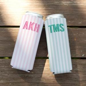 Monogram Bachelorette Slim Can Cooler, Personalized Name Coastal Bach Club Drink Sleeves, Beach Bachelorette Bridal Party Favors