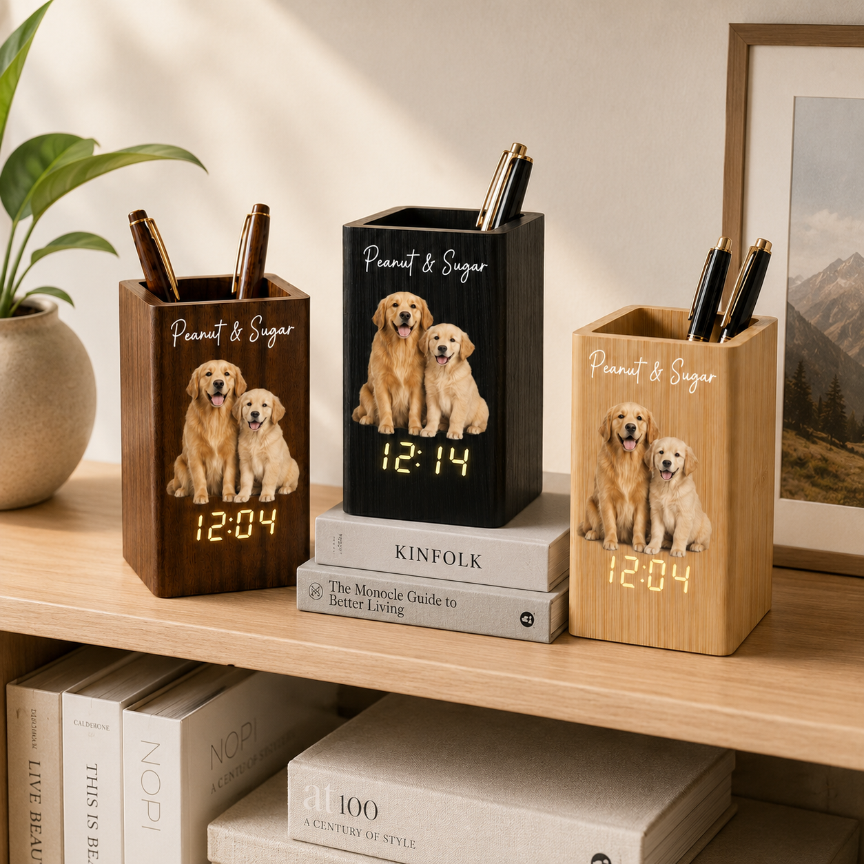 Custom Pet Watercolor Photo - Personalized Pen Holder With Clock - Gift For Dog Lovers, Cat Owners