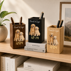 Custom Pet Watercolor Photo - Personalized Pen Holder With Clock - Gift For Dog Lovers, Cat Owners
