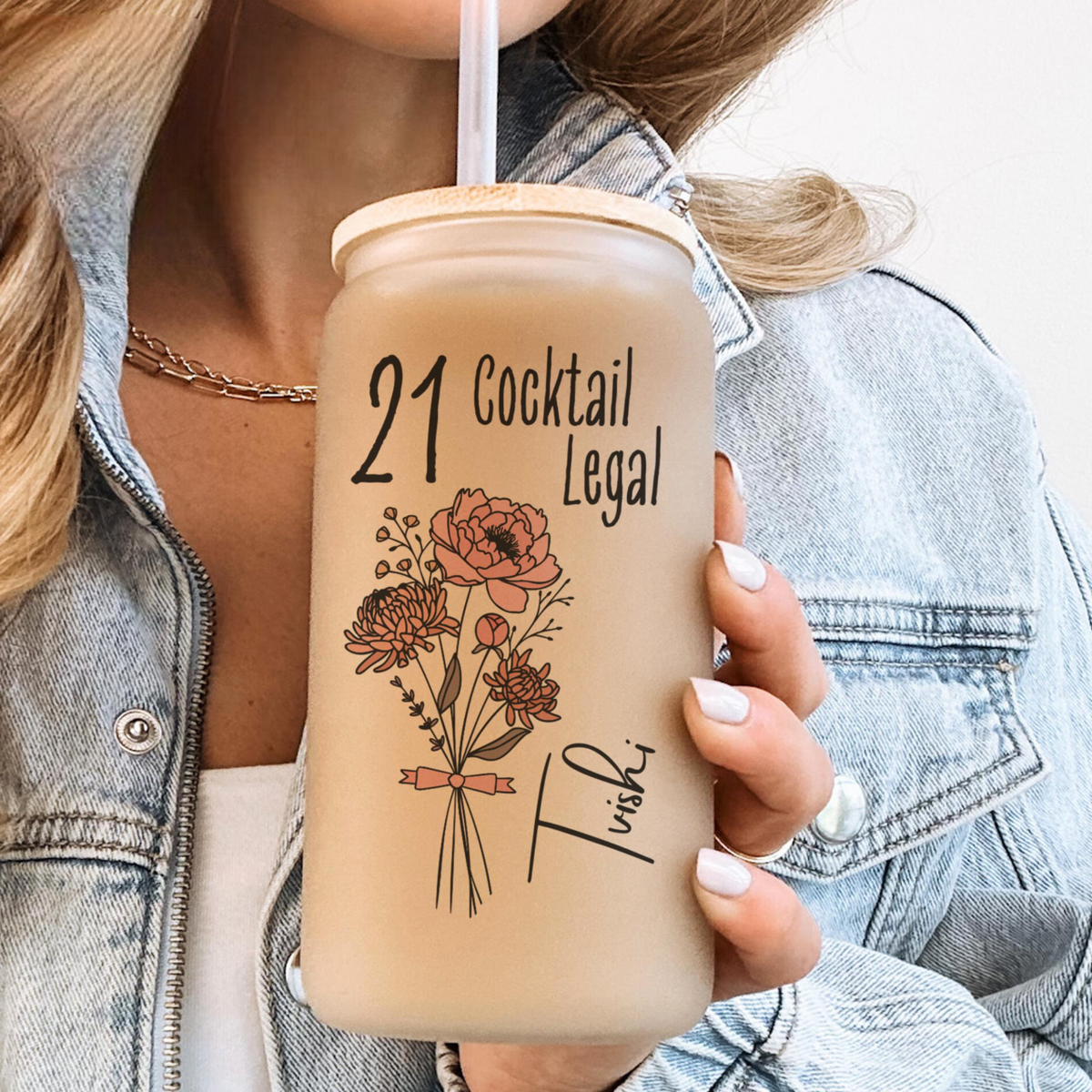 21st Birthday Glass Tumbler, Turning 21 Gift With Birthflower Glass Tumbler, 21 Year Old Gift Iced Coffee Cup, 21st Birthday Glass With Flower