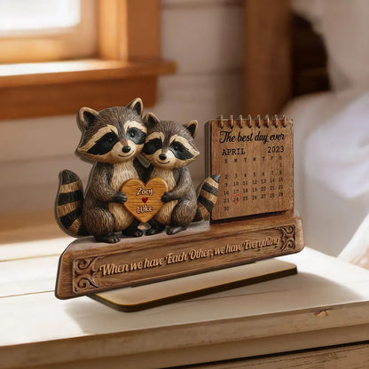 3D Effect Couple Animals Gnome Anniversary Date Calendar - Personalized Wooden Plaque - Anniversary Gift For Couple