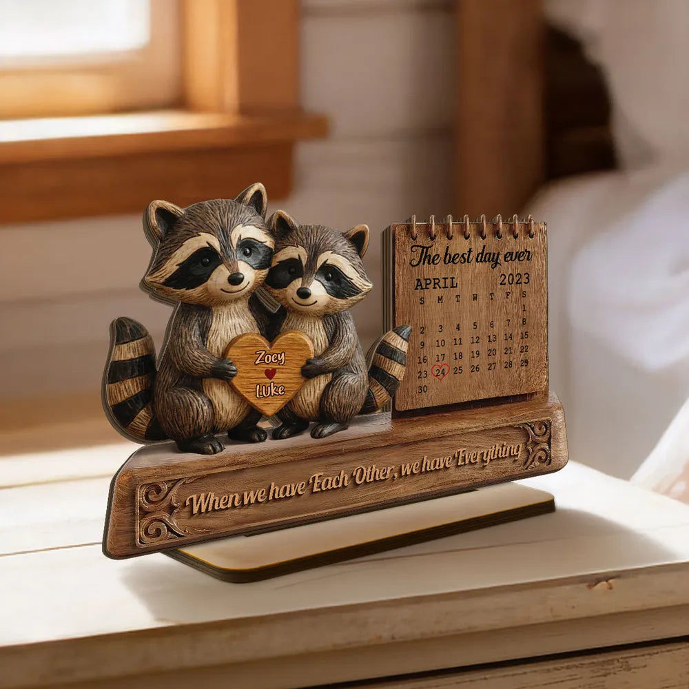 3D Effect Couple Animals Gnome Anniversary Date Calendar - Personalized Wooden Plaque - Anniversary Gift For Couple