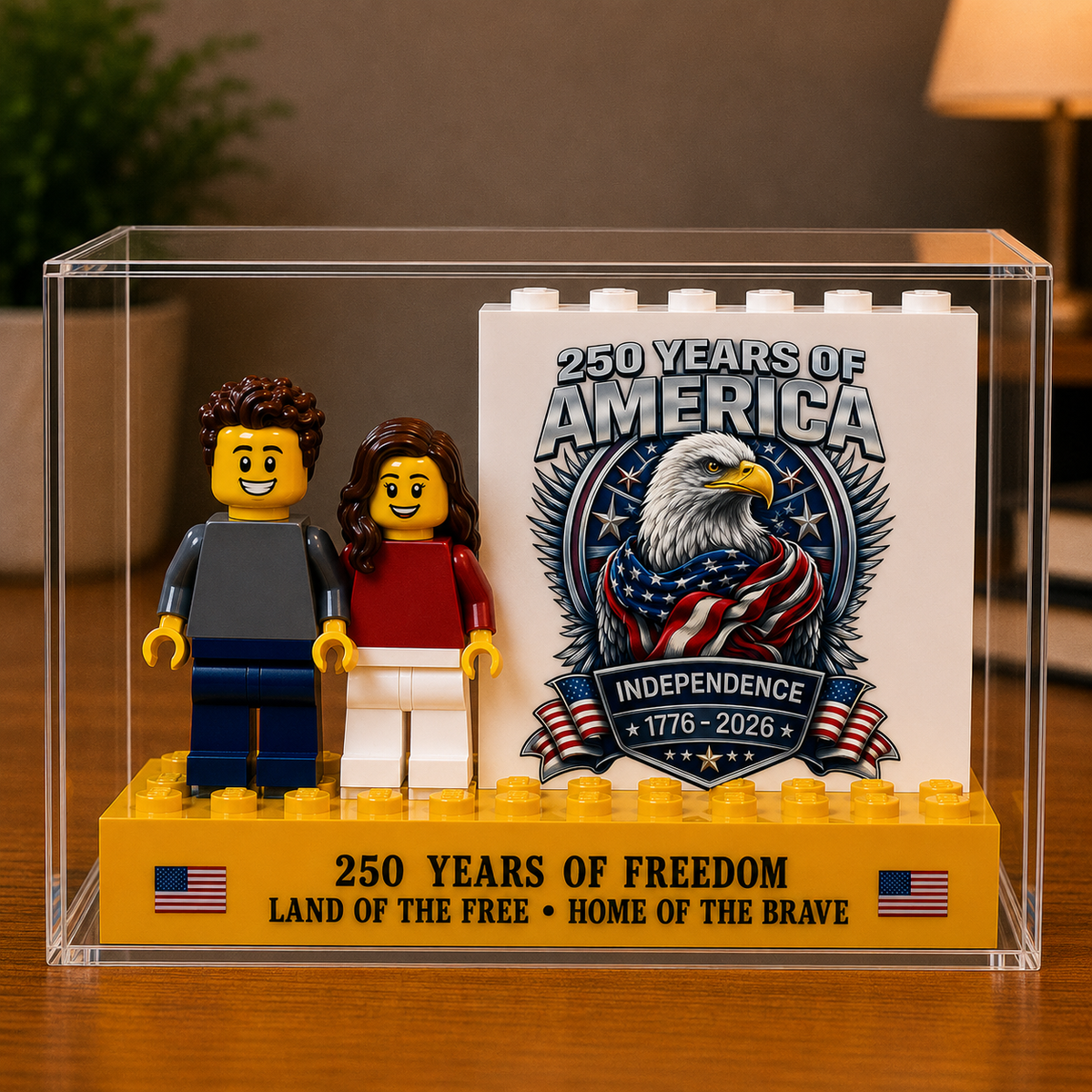 Personalized USA 250th Anniversary Mini Figure Display Box, Custom Brick Figures, Independence Day 1776-2026 Keepsake Gift