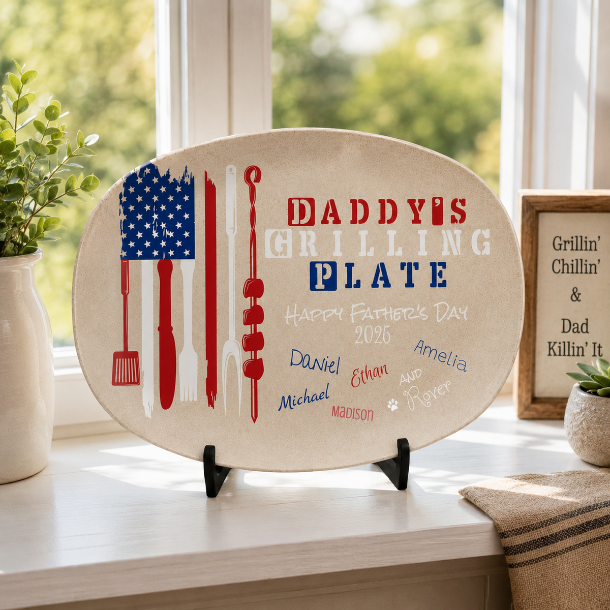 Custom Grilling Platter Daddy's Grilling Plate US Flag Patriotic Customized Father's Day Gift for Dad Personalized from Kids or Pets Names