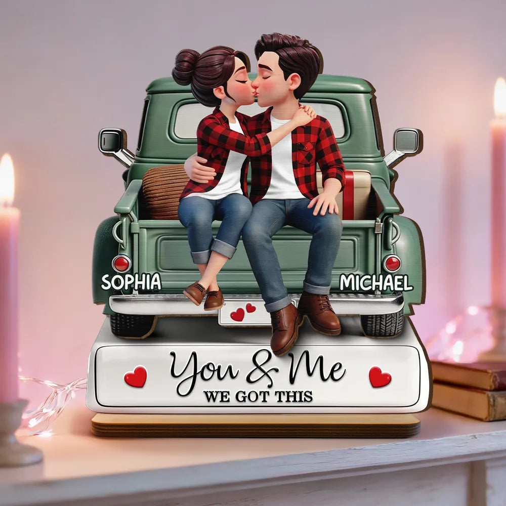 3D Kissing Couple On The Truck - Personalized Wooden Plaque With Flat Base - Valentine's Day Gift For Couple, For Him, For Her