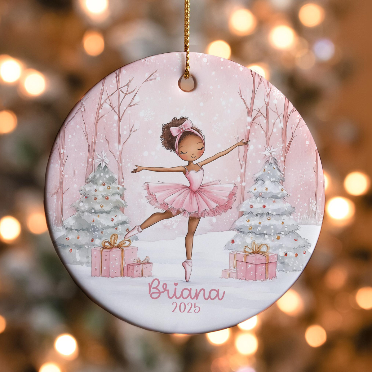 Personalized Pink Ballerina Ornament, Girls Pink Dancer Christmas Gift Ornaments with Name, African American Ballerina, Ornaments for Girls