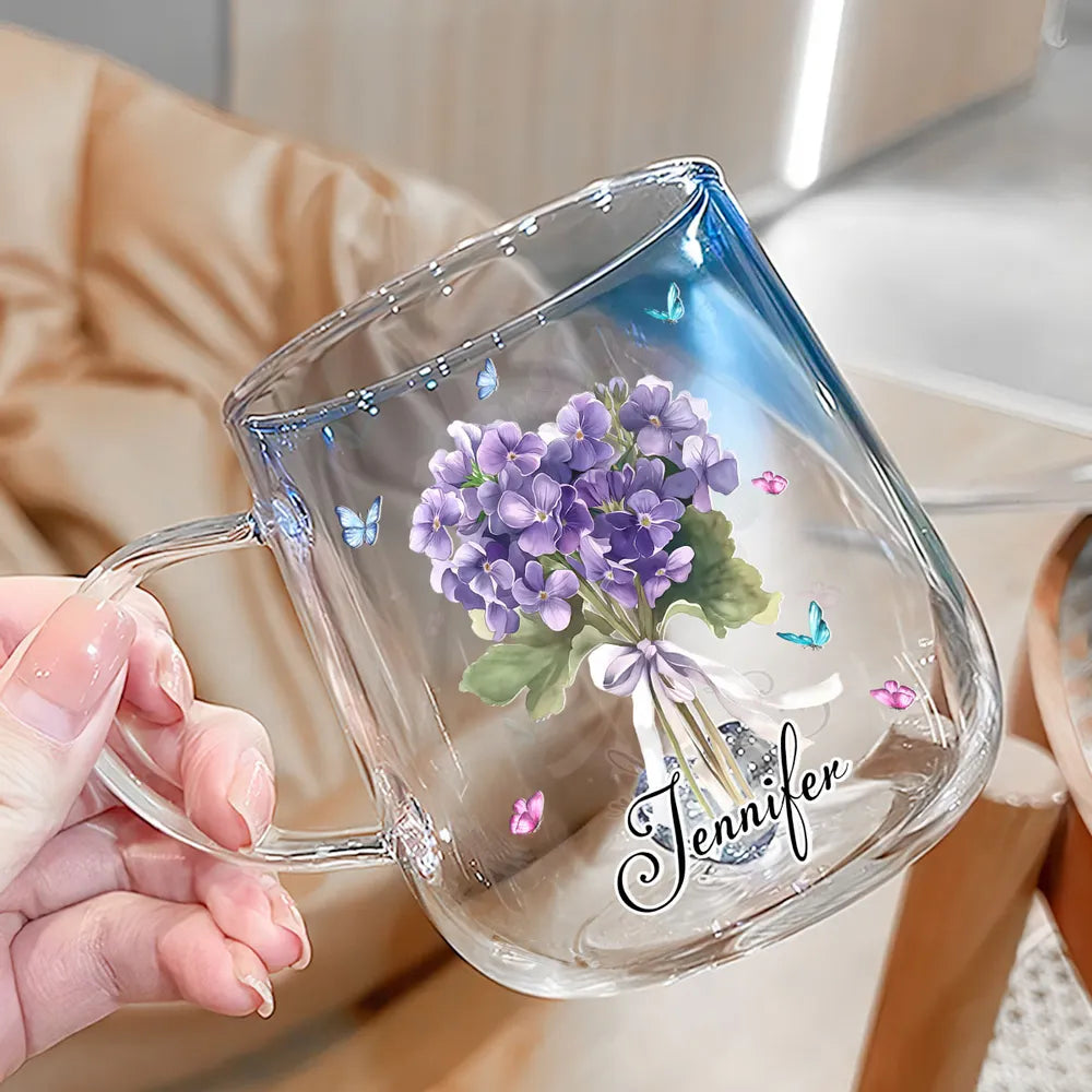 Birth Month Flower Bouquet With Name - Personalized Gradient Glass Mug - Birthday Gift For Her