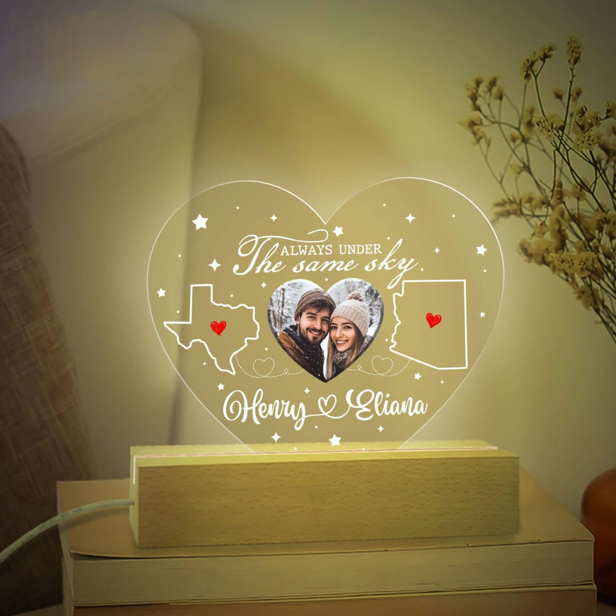 Always Under The Same Sky Custom Couple Photo - Personalized 3D LED Light Wooden Base - Long Distance Gift For Couple, Valentines Day Gift, Anniversary Gift, Engagement Gift