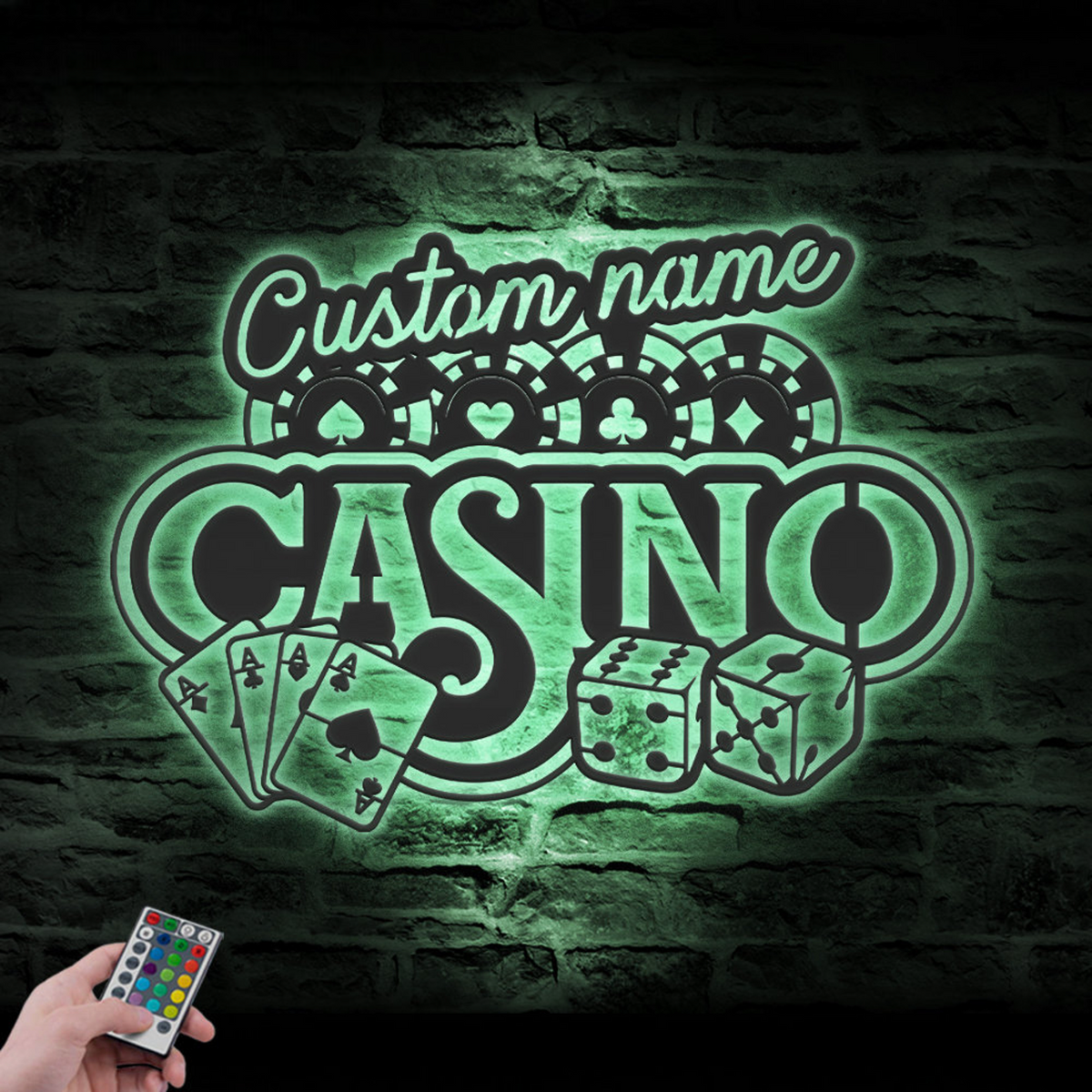 Custom Casino Playing Cards Chips Gambling Dice Poker Metal Wall Art LED Light, Personalized Gamer Name Sign Home Decor, Game Zone Decoration