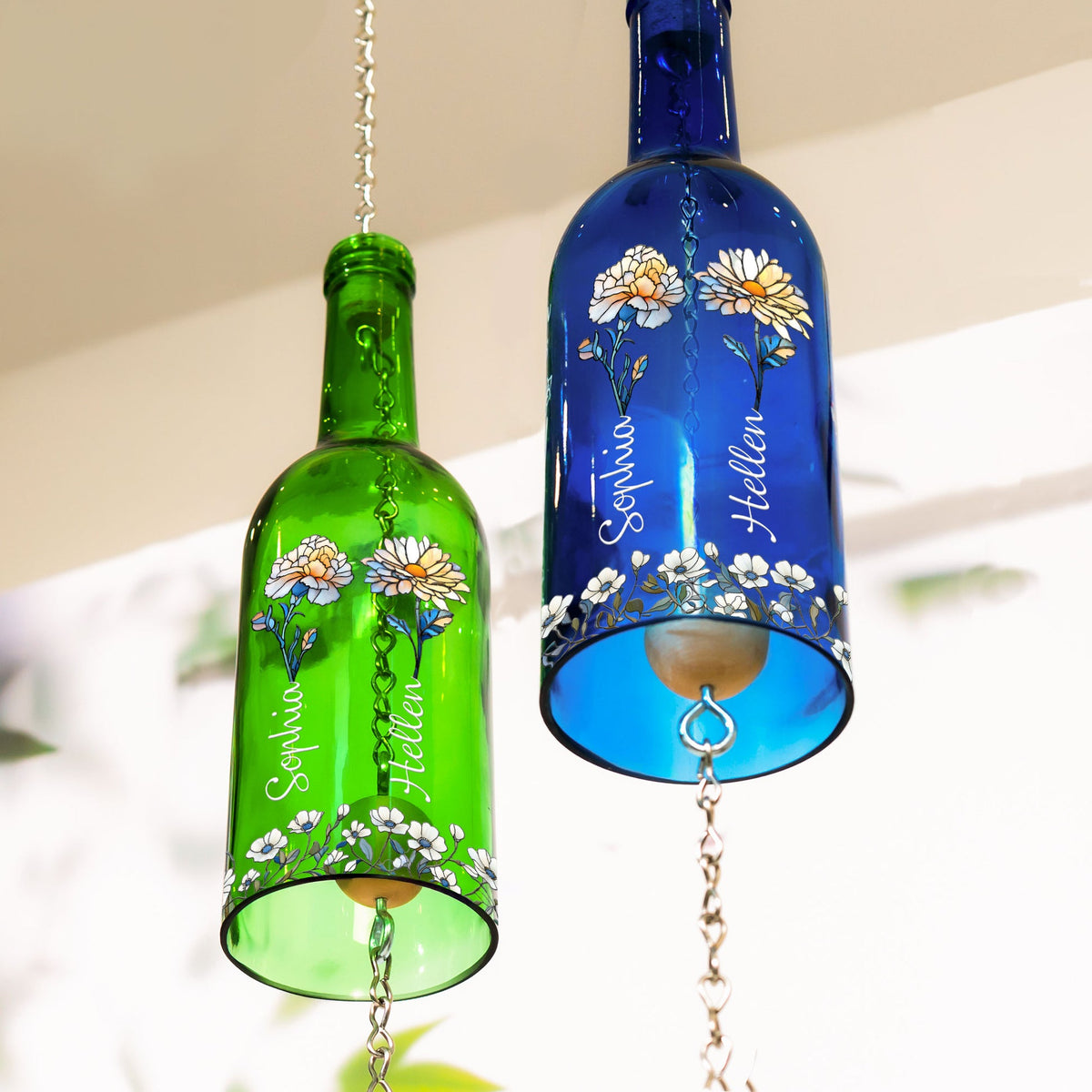 Sisters Birth Month Flowers - Personalized Wine Bottle Wind Chime - Birthday Gift For Sisters, Besties