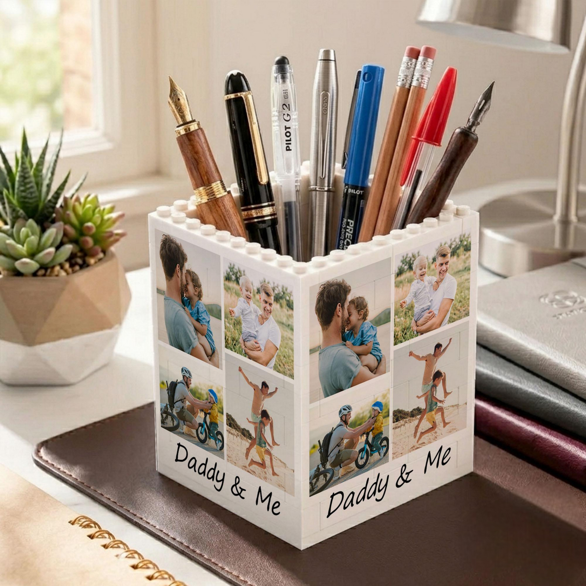 Custom Photo Collage Building Block Pen Holder, Unique Gift for Dad, Dad And Me Photo Blocks, Gift For Husband, Bricks Puzzle Fathers Day