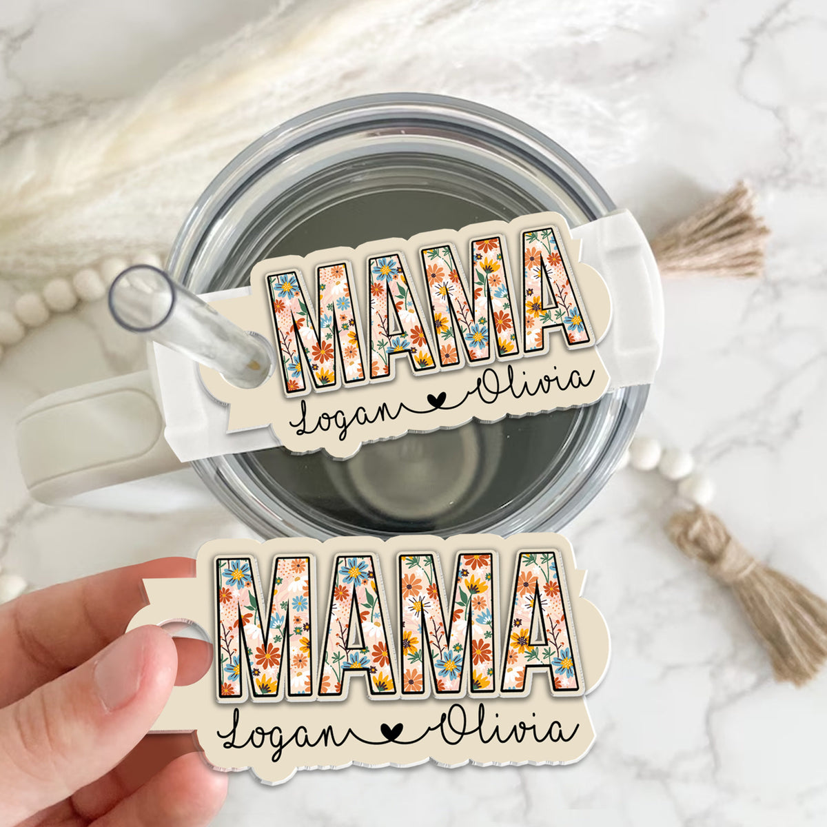 Personalized Mama With Kids Name Tumbler Name Tag, Tumbler Lid Mama Plate Topper, Mom Tumbler Lid Tag, Gift For Mom