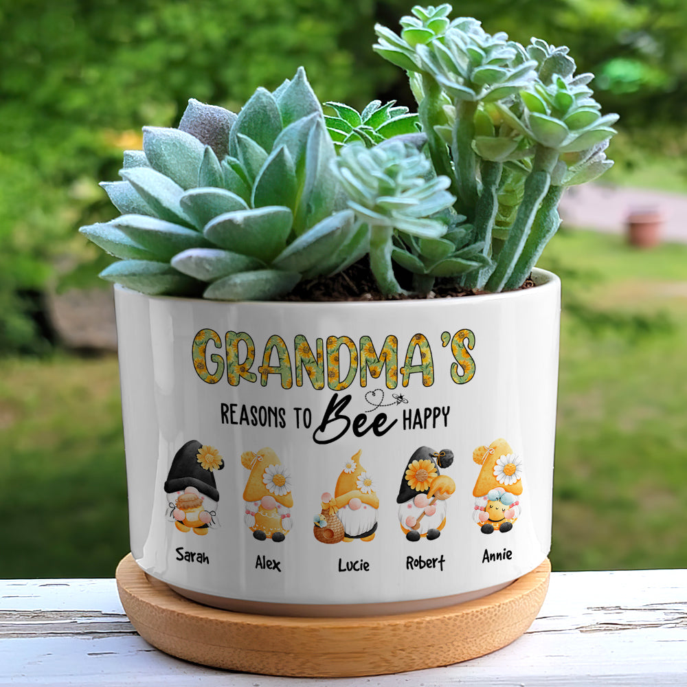 Grandma Mom's Reasons To Bee Happy - Personalized Plant Pot - Gift For Grandma, Mommy, Gnome Plant Pot