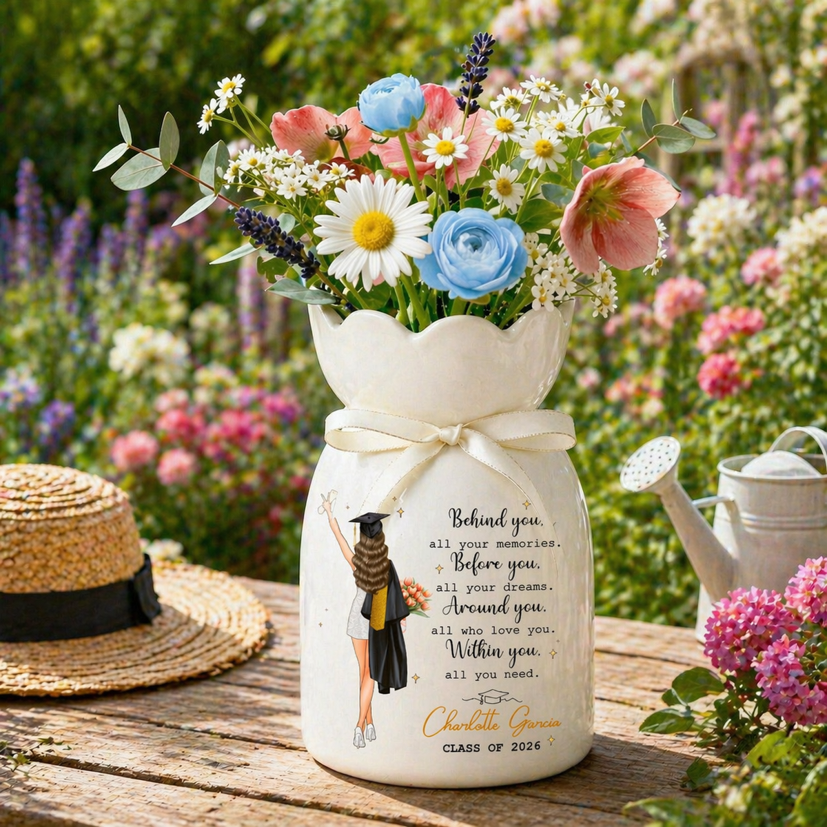 Personalized Graduation Flower Ceramic Vase, Graduation Gifts for Her, College Grad Gift for Daughter, Masters Degree Gift