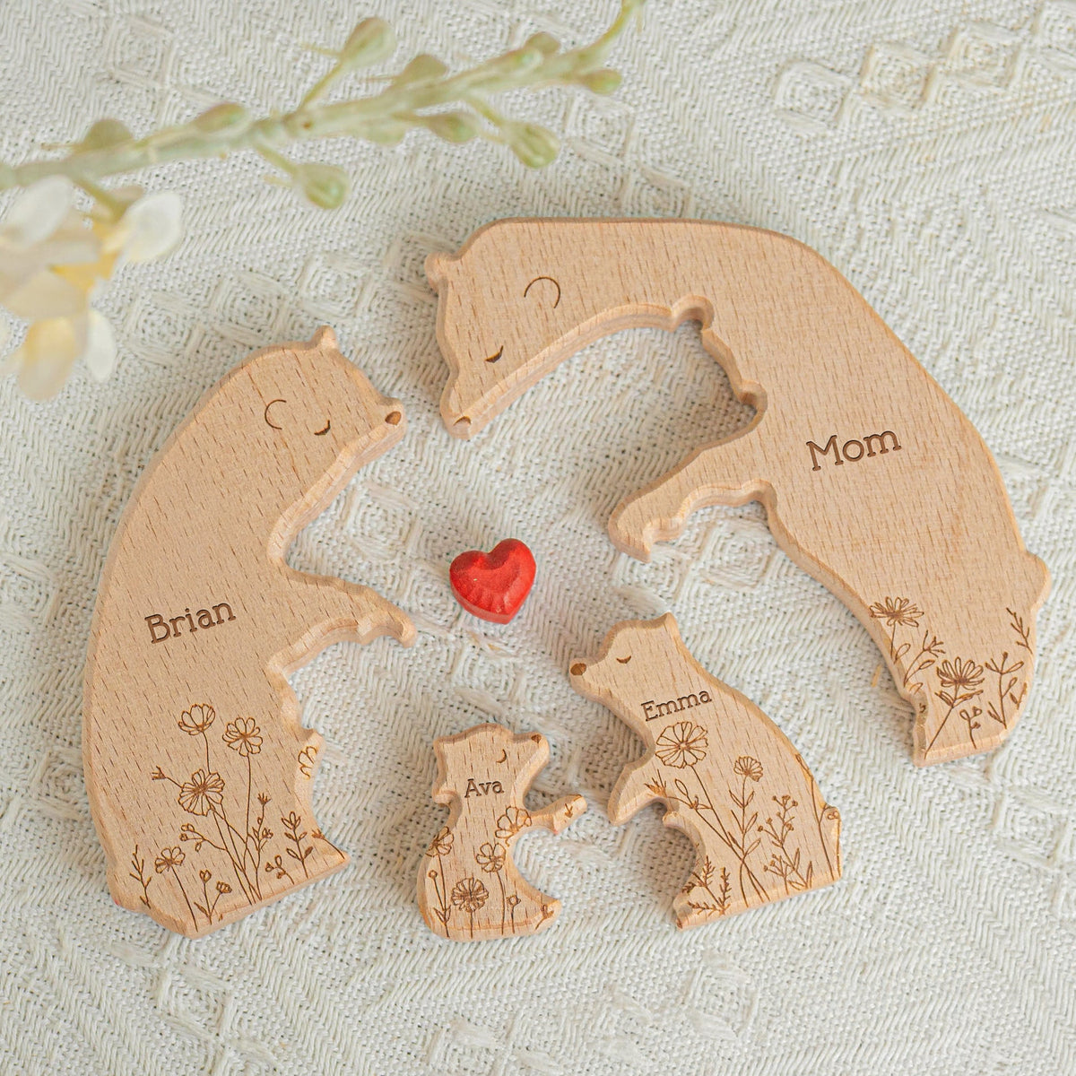 Floral Bear Family - Personalized Family Wooden Puzzle - Gift For Family, Mother's Day, Father's Day Gift