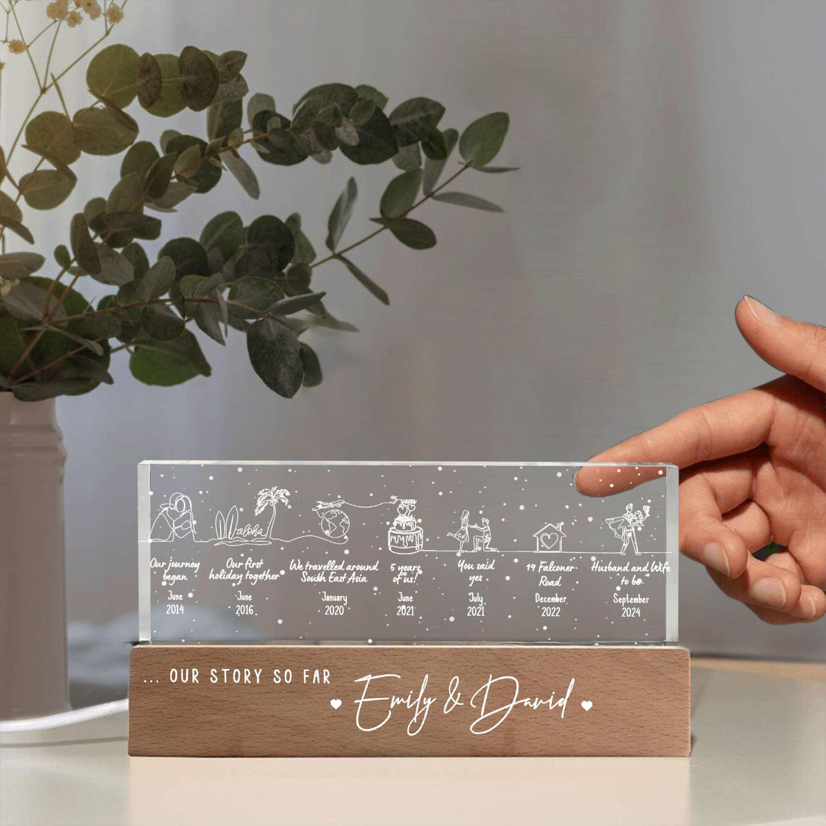 Our Story So Far Couple Night Light With Wooden Base, Personalised Timeline, Relationship 3D Lamp, Valentine Gift, Wedding Anniversary Gift