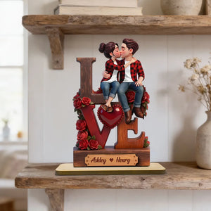 Roses Stacked LOVE Couple Sitting Kissing - Personalized Wooden Plaque With Flat Base - Valentine's Day Gift For Couple