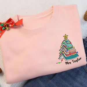 Personalized Teacher Name Christmas Book Tree Embroidered Sweatshirt, Merry Teacher Xmas Sweater, Woman Holiday Shirt for Librarian Gift