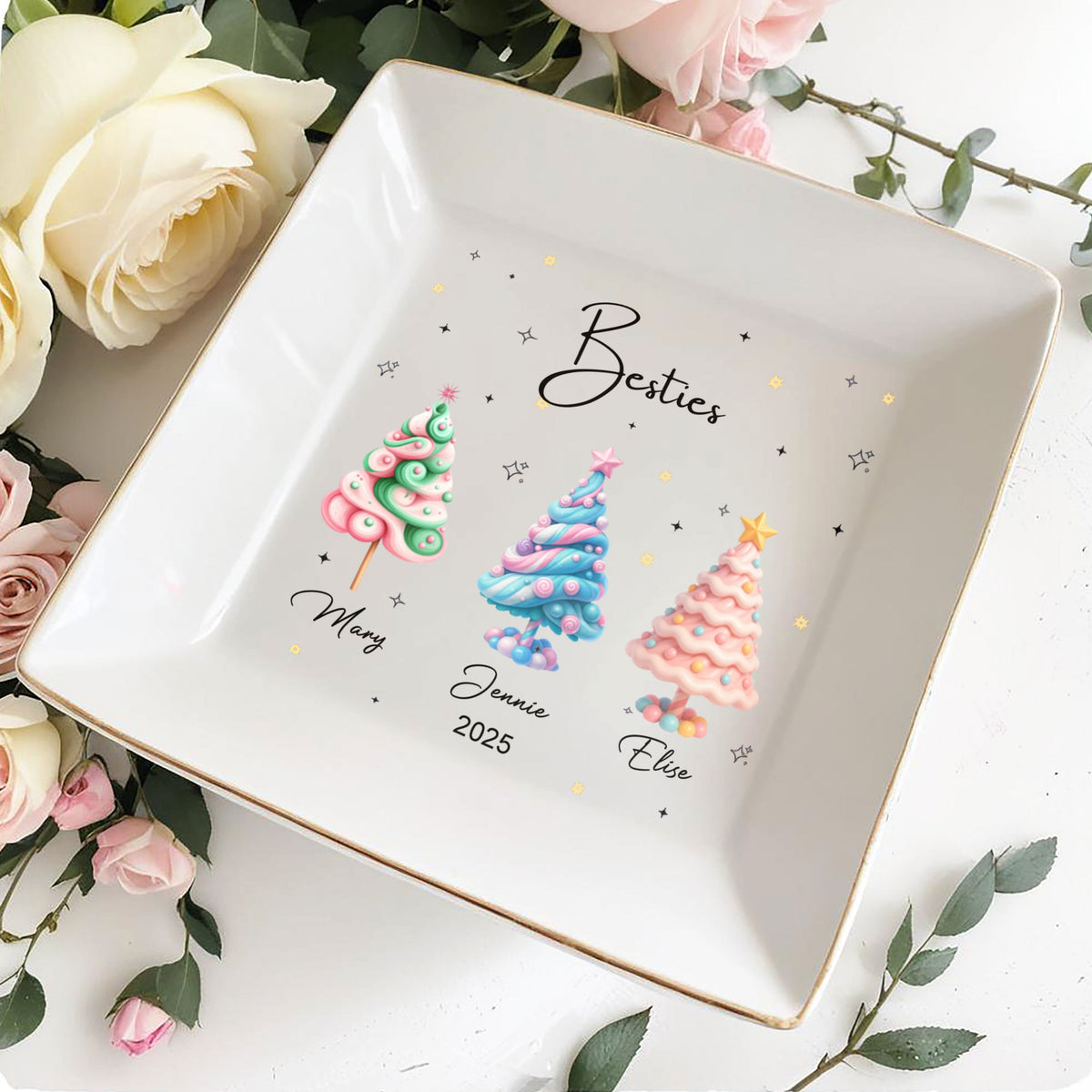 Besties With Colorful Christmas Trees, Personalized Ceramic Dish, Gift For Best Friends