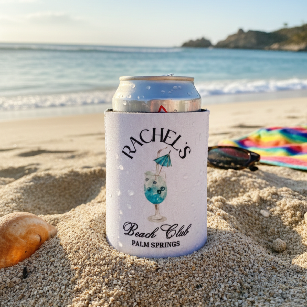 Personalized Coastal Cocktail Can Cooler, Custom Can Cooler, Beach Bachelorette Party, Palm Springs, Custom Party Favors
