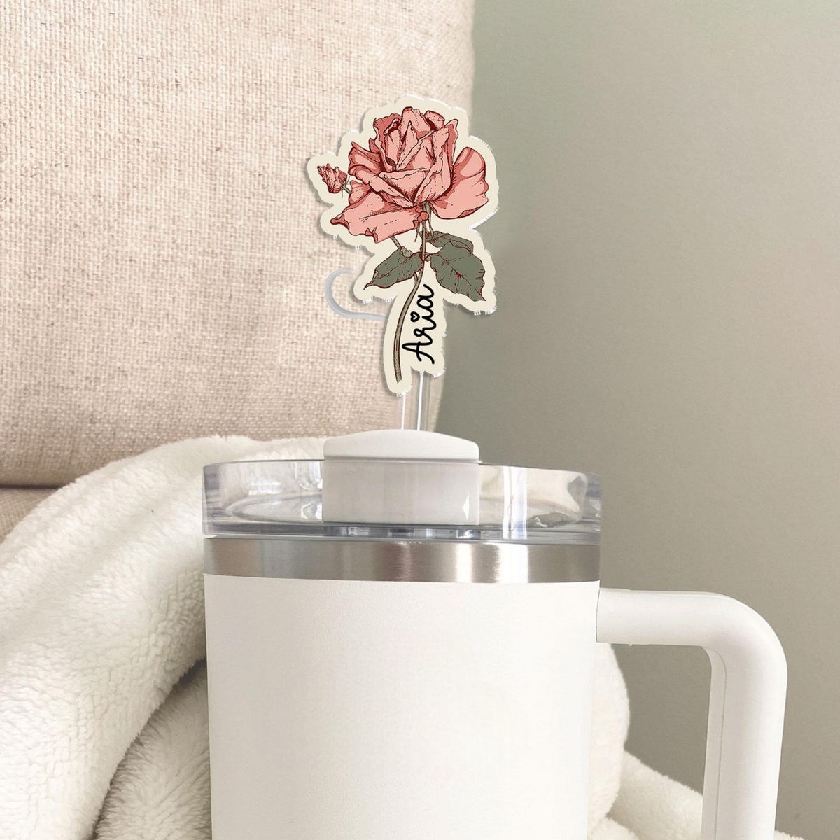 Personalized Birth Month Flower Straw Stopper, Custom Straw Cover With Name, Accessories Gift For Mom Grandma Sister Bestie