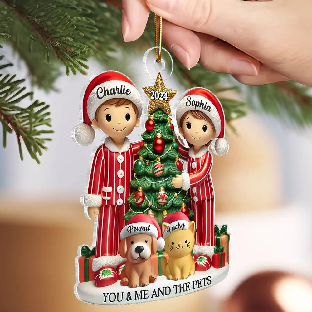 Christmas Pyjamas Couple With Dogs Cats - Personalized Acrylic Ornament - Christmas Gift For Cat Lovers, Dog Lovers
