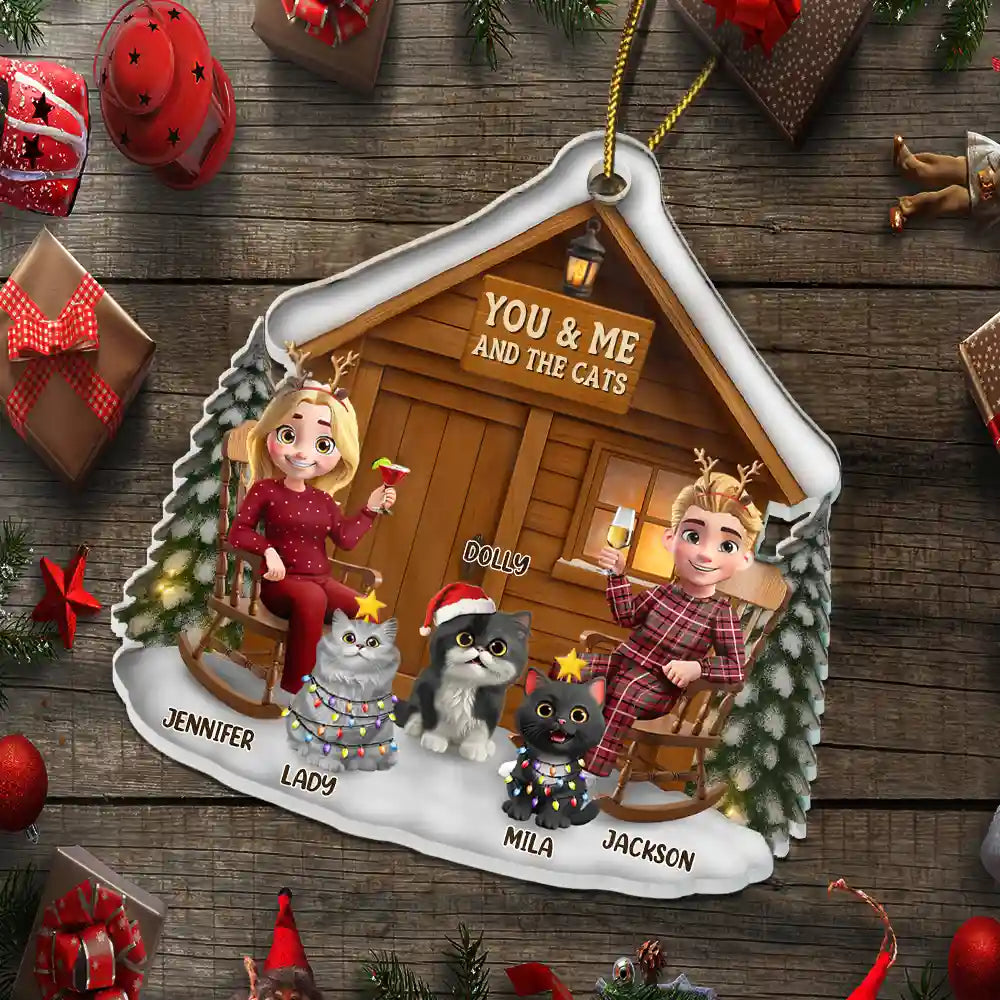 You & Me And The Cat 3D Effect Christmas Couple - Personalized Acrylic Ornament - Christmas Gift For Couple, Gift For Cats Owner