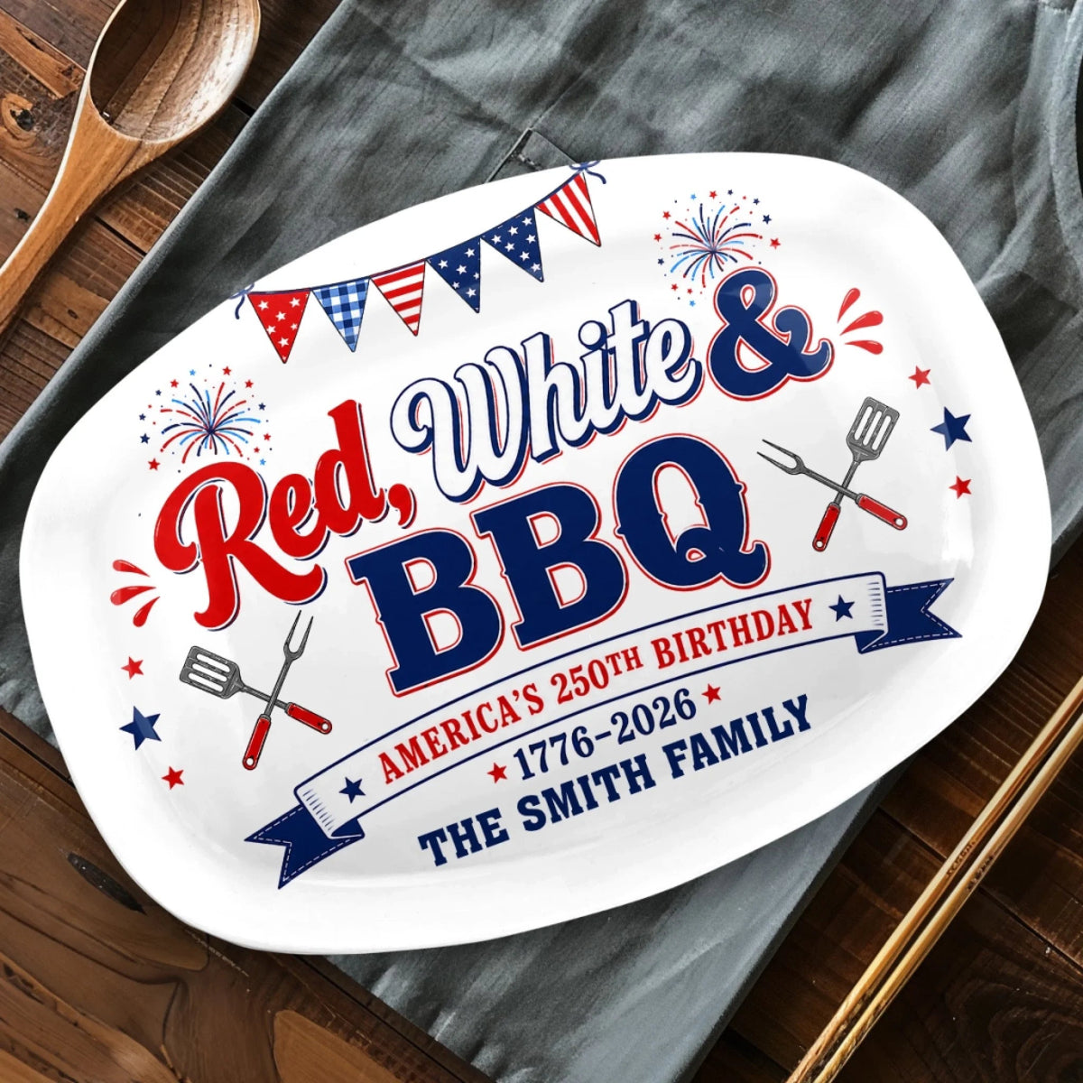 Red, White & BBQ - Personalized Platter - America 250th Anniversary Gifts For Family