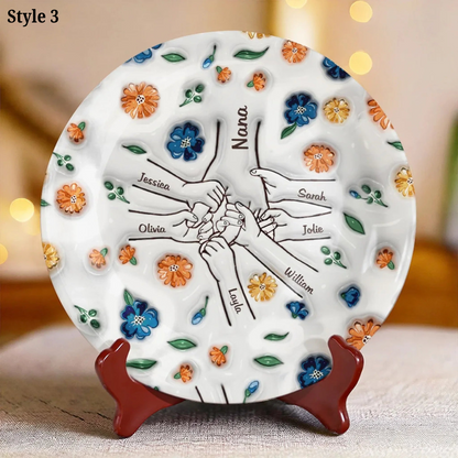 Mother And Kids Hold Hands Together - Personalized 3D Inflated Effect Printed Ceramic Plate - Mother's Day, Gift For Mom, Grandma