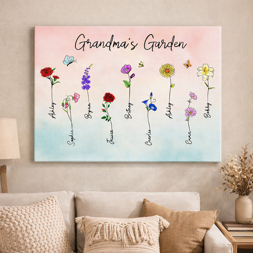 Birth Month Flower Gift For Grandma - Personalized Canvas - Gift For Mom Grandma, Mother's Day Gift