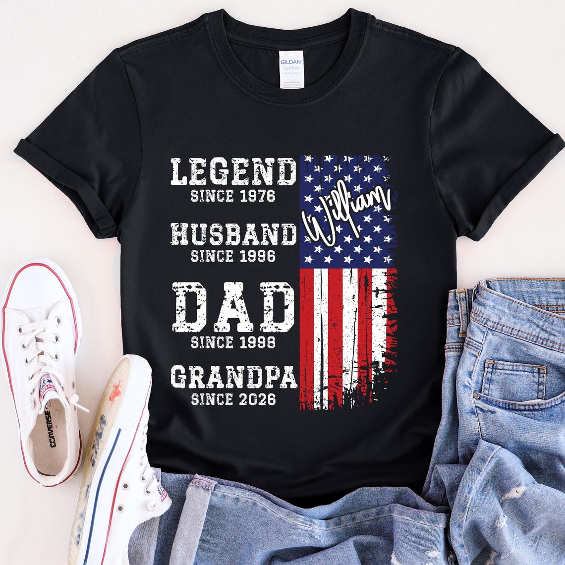 Custom Patriotic Grandpa Shirt, Fathers Day Gift for Dad Grandpa, USA 250th Anniversary Tee, Personalized American Flag Family Shirt