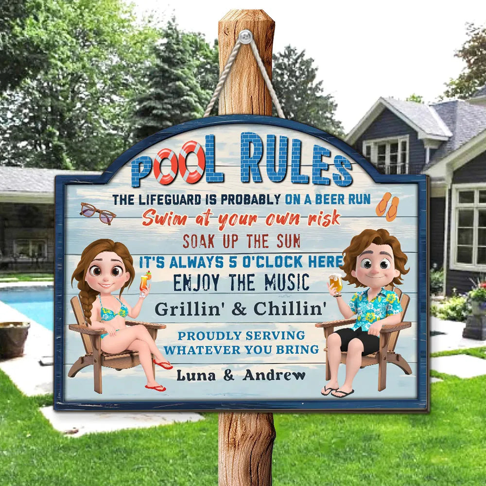Pool Rules - Personalized Wood Sign - Gift For Couple, Gift For Family