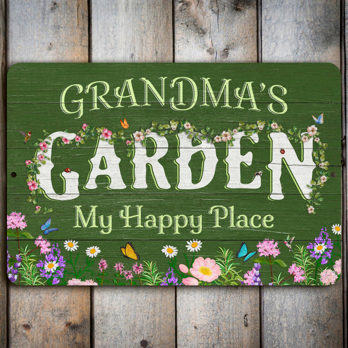 Personalized Flower Garden Sign, Weathered Wood Design, Metal Garden Decor
