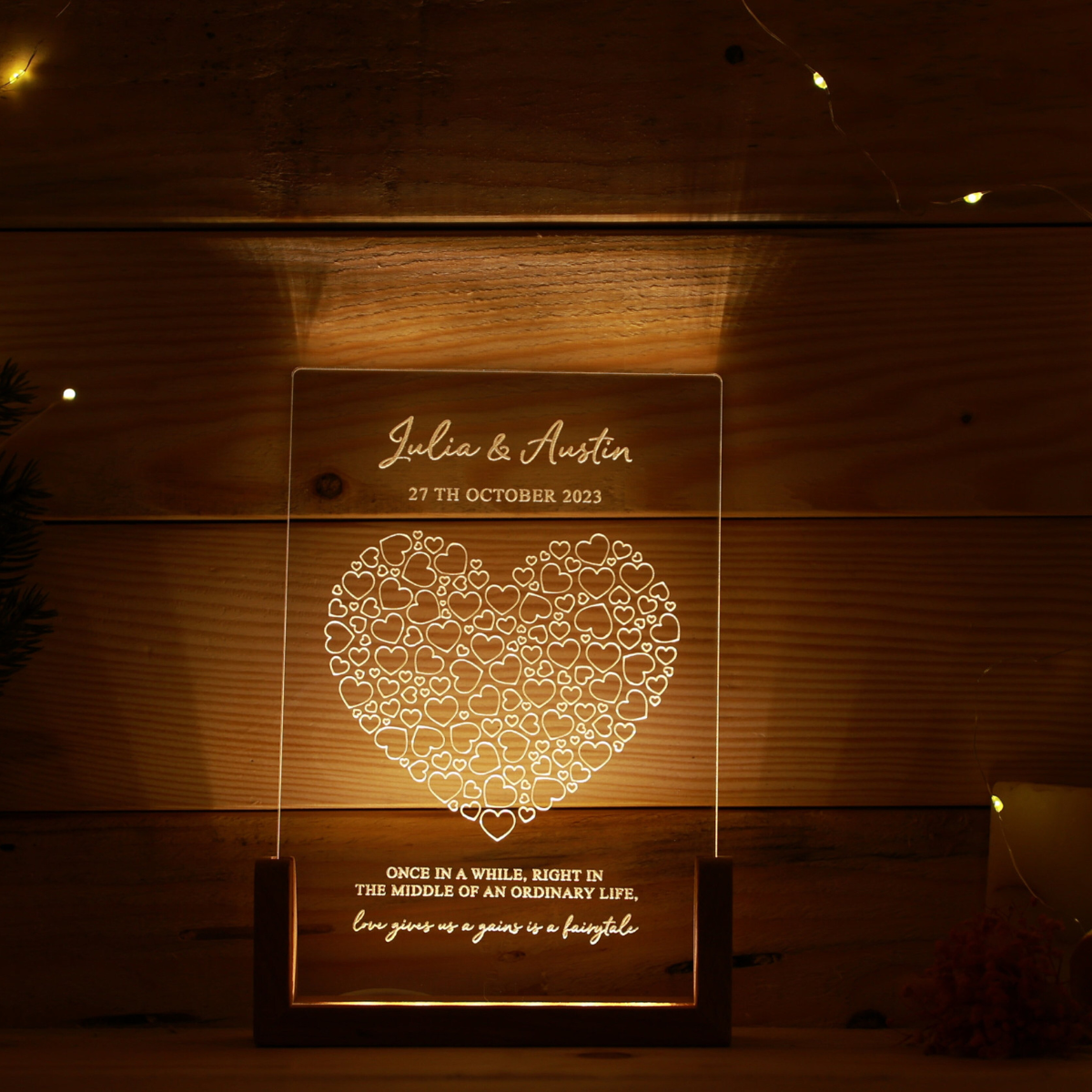 Custom Name & Quote Night Light - Personalized Desk Name Plate - Heart Light with Names and Quote - Unique Gift for Couples