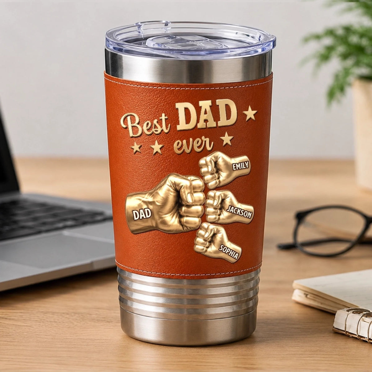 Best Dad Ever Fist Bump - Personalized Leather Tumbler - Gift For Dad, Gift For Grandpa, Father's Day Gift