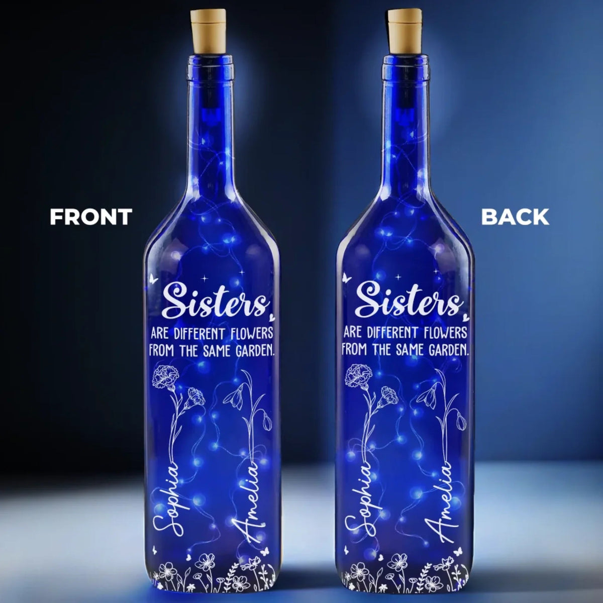 Sisters Are Different Flowers From The Same Garden - Personalized Blue Bottle Lamp - Gift For Best Friends, BFF, Sisters