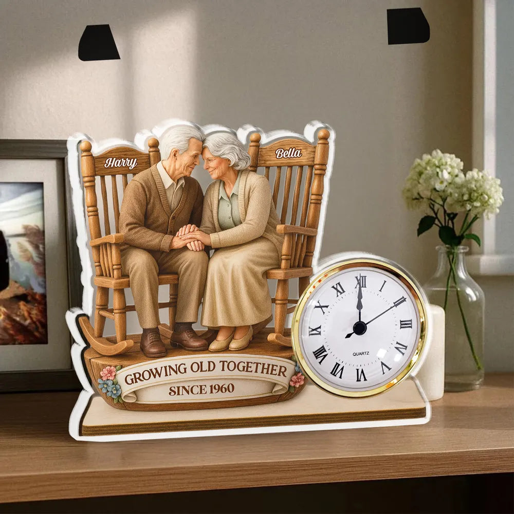 Growing Old Together Old Couple - Personalized Acrylic Desk Clock - Anniversary Gift For Couple