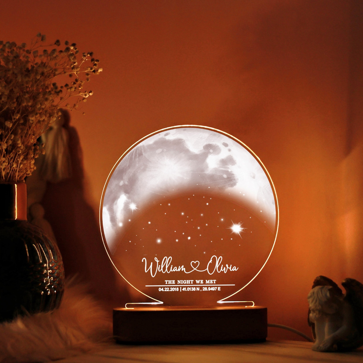 Custom Moon Phase Unique Wedding Gift Idea, Acrylic Moon LED Light Wooden Base, Gift For Couple