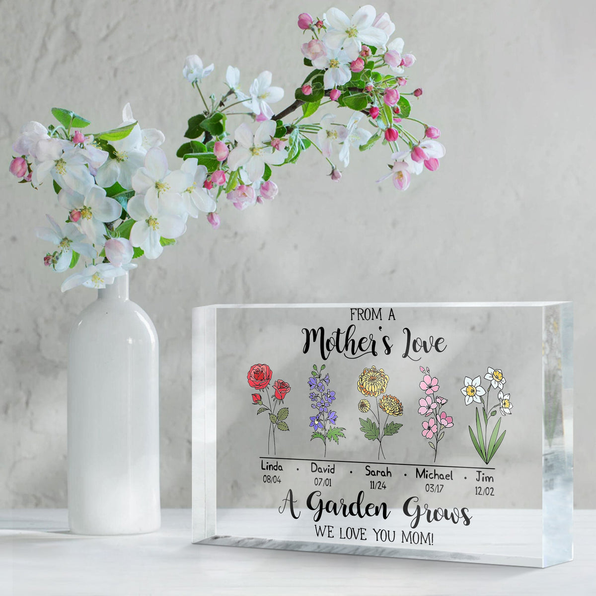 From A Mother's Love A Garden Grows - Personalized Acrylic Plaque - Gift For Mom, Mother's Day, Birthday Gift