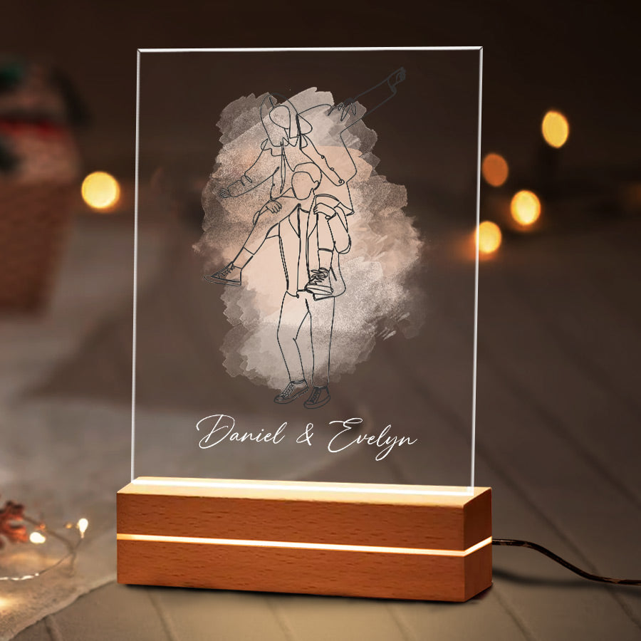 Couple Outline Portrait - Personalized 3D LED Light Wooden Base - Gift For Couple