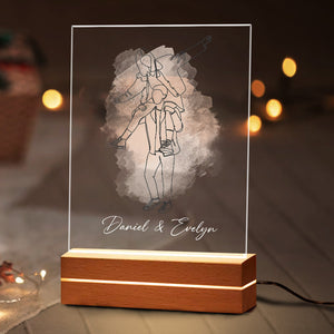 Couple Outline Portrait - Personalized 3D LED Light Wooden Base - Gift For Couple