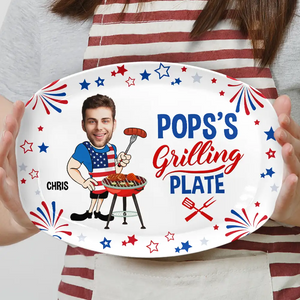 Custom Photo Papa's Grilling Plate Stars & Strips - Personalized Platter - 4th Of July Gift, Patriotic Gift For Family, Gift For Grilling Dad