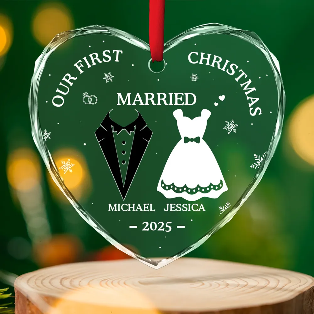 Our First Christmas Married - Personalized Crystal Ornament - Gift For Couple, Anniversary Gift, Christmas Gift