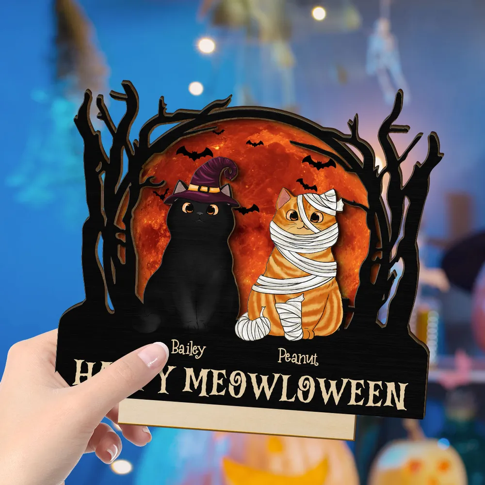 Happy Meowloween Halloween Night Cat - Pesonalized Wooden Plaque - Halloween Decor, Gift For Cat Lover