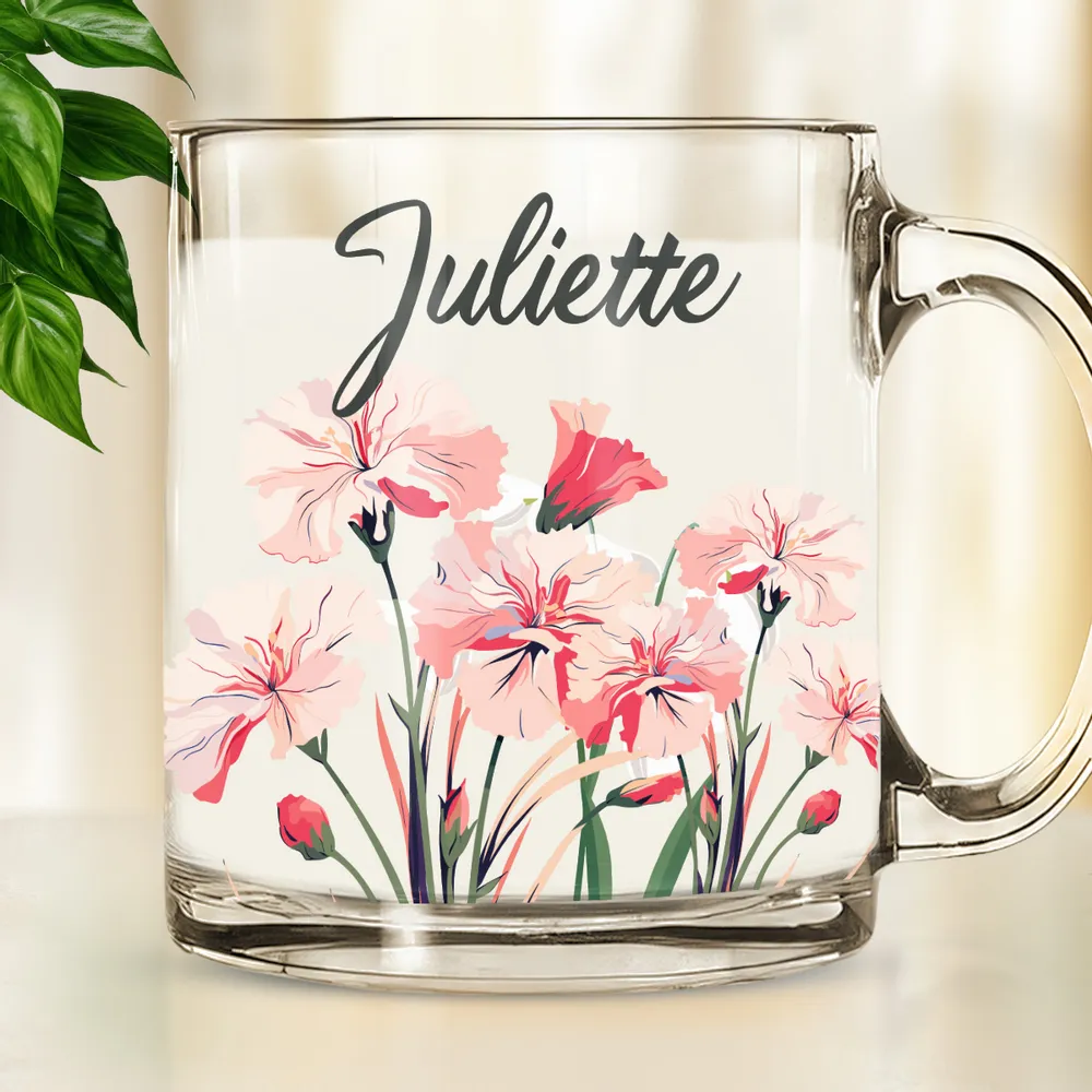 Custom Name Blooming Birth Month Flowers - Personalized Glass Mug - Gift For Sister, BFF, Friends