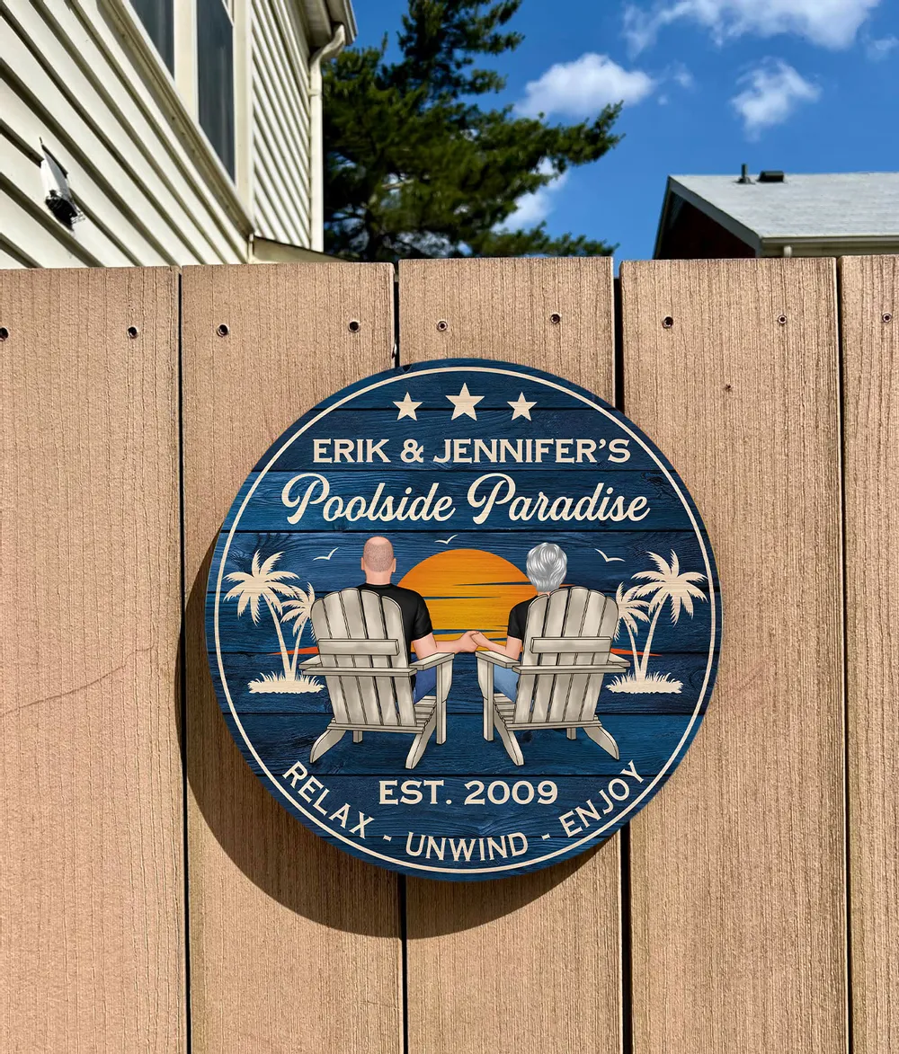 Poolside Paradise Beach Couple - Personalized Wood Sign - Gift For Couple, Summer Pool Deck, Beach House, Backyard Walls