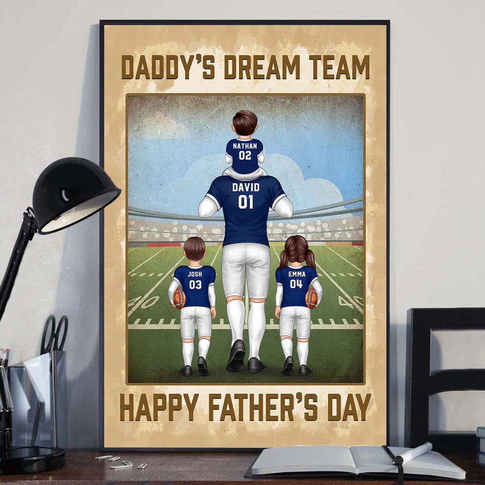 Daddy's Dream Team Happy Father's Day - Personalized Canvas - Gift For Football Dad, Father's Day Gift