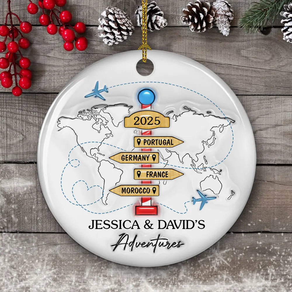 Travel Couple Goal, Personalized Custom 3D Inflated Effect Ceramic Ornament, Christmas Gift For Couple